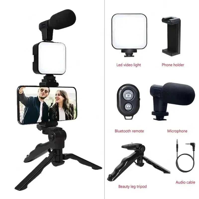 Vlogging Kit With Tripod Phone Holder Mini Microphone LED